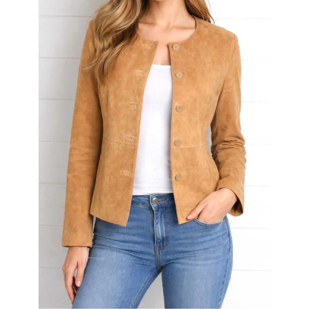 Vintage Y2K Suede Leather Jacket Womens 14 Tan Button Up Minimalist Quiet Luxury
